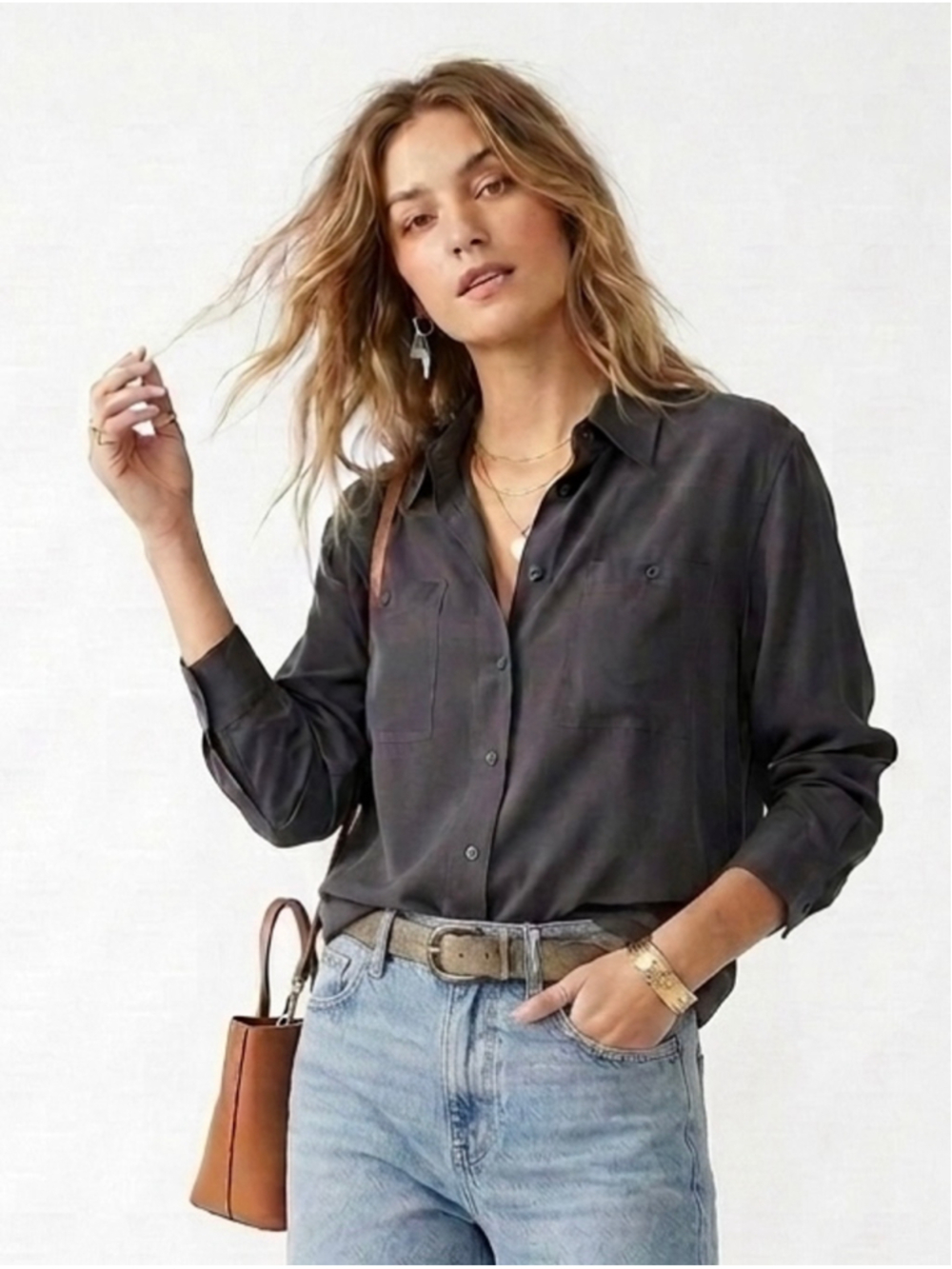 Women's Casual Corner 100% Silk Button Down Shirt Black Size M